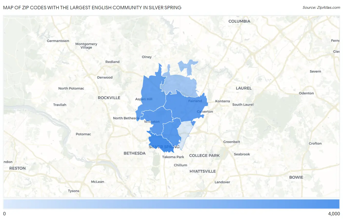 Zip Codes with the Largest English Community in Silver Spring Map