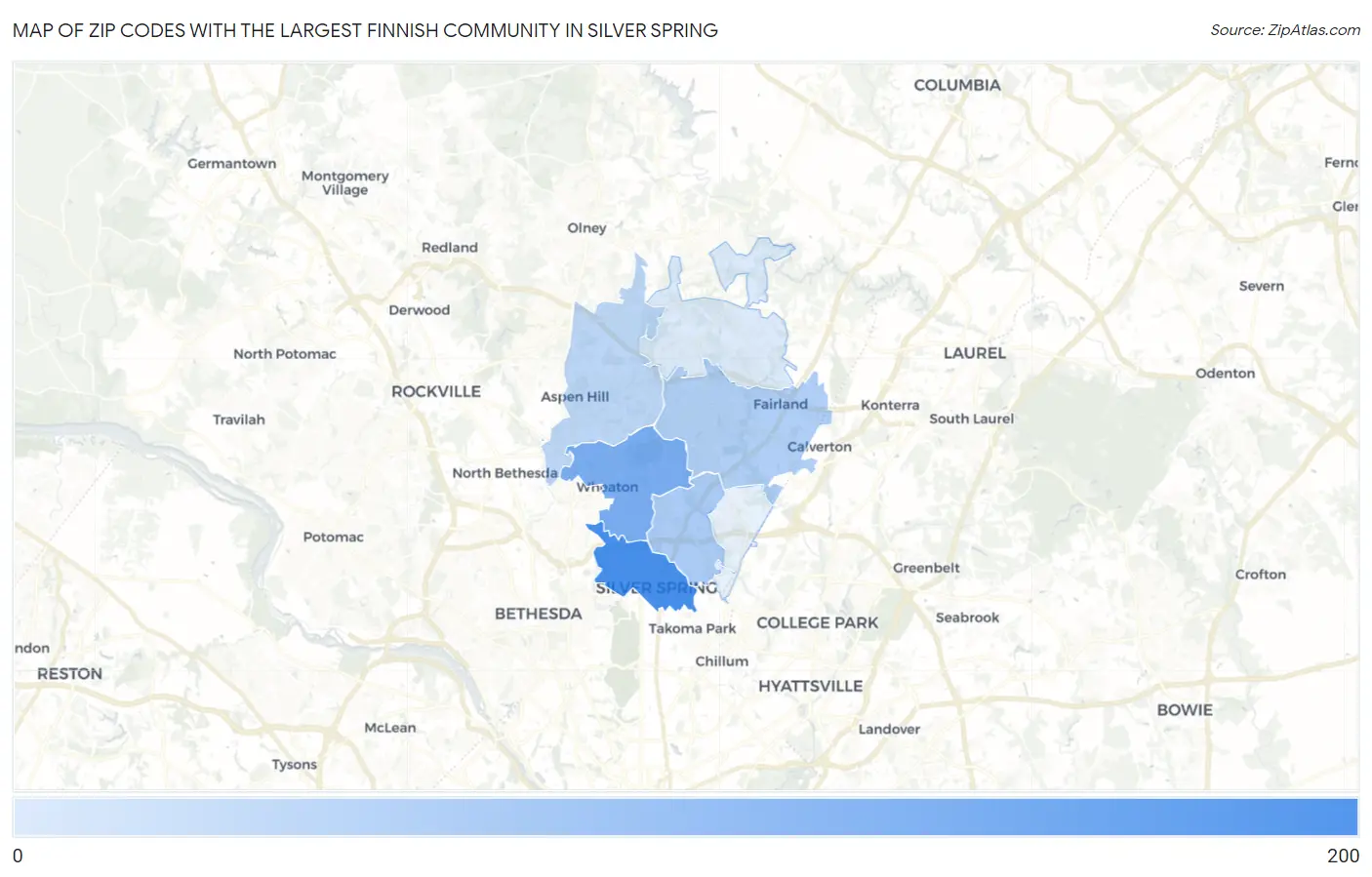 Zip Codes with the Largest Finnish Community in Silver Spring Map