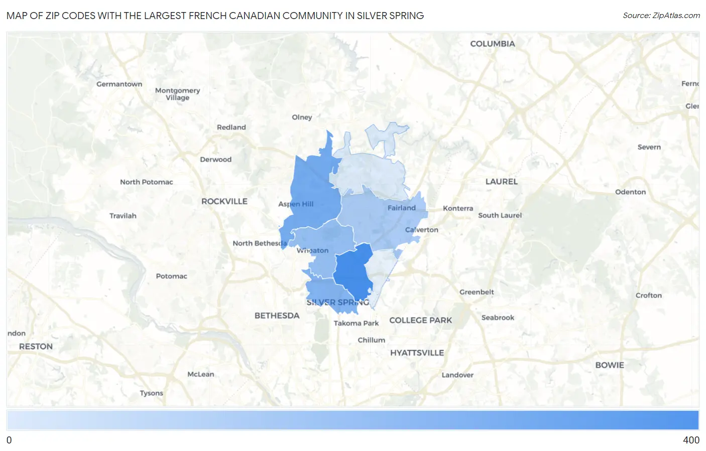 Zip Codes with the Largest French Canadian Community in Silver Spring Map