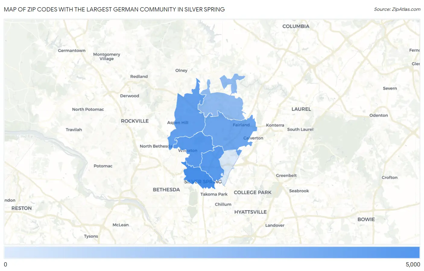 Zip Codes with the Largest German Community in Silver Spring Map