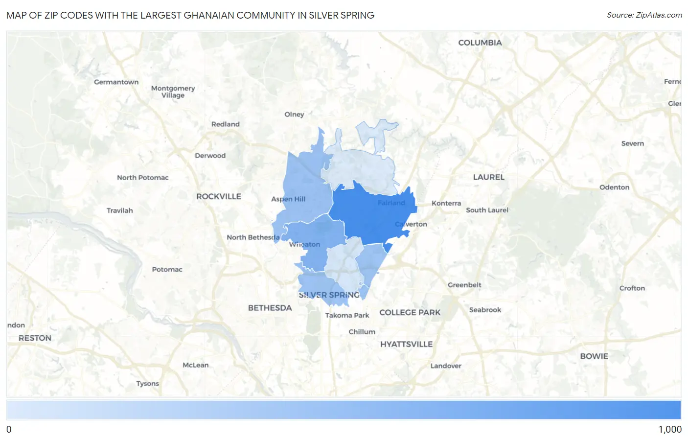 Zip Codes with the Largest Ghanaian Community in Silver Spring Map