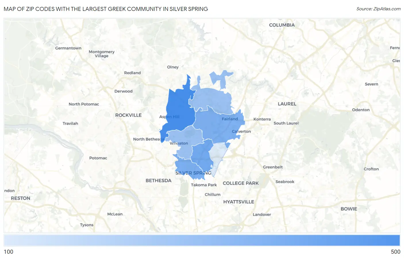 Zip Codes with the Largest Greek Community in Silver Spring Map