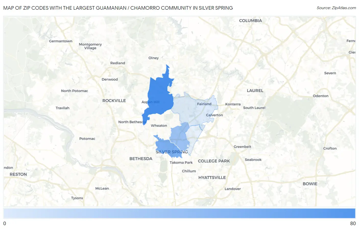 Zip Codes with the Largest Guamanian / Chamorro Community in Silver Spring Map