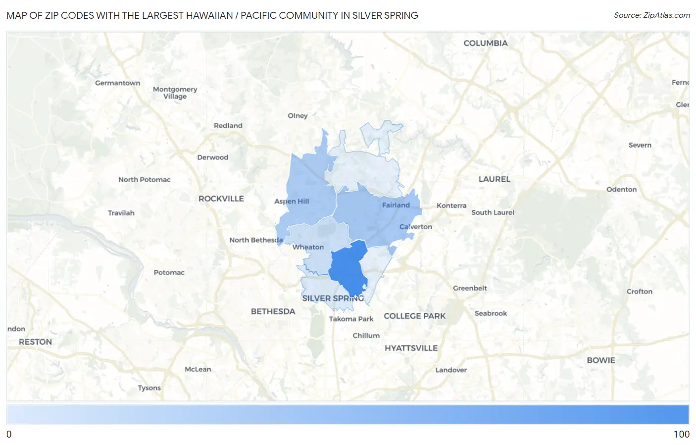 Zip Codes with the Largest Hawaiian / Pacific Community in Silver Spring Map
