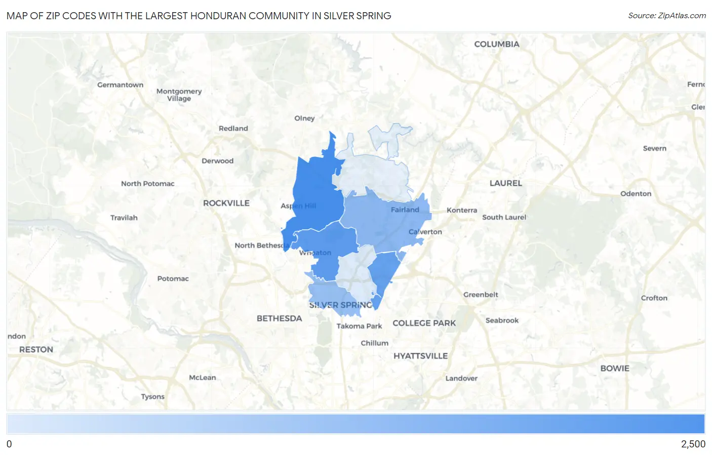 Zip Codes with the Largest Honduran Community in Silver Spring Map