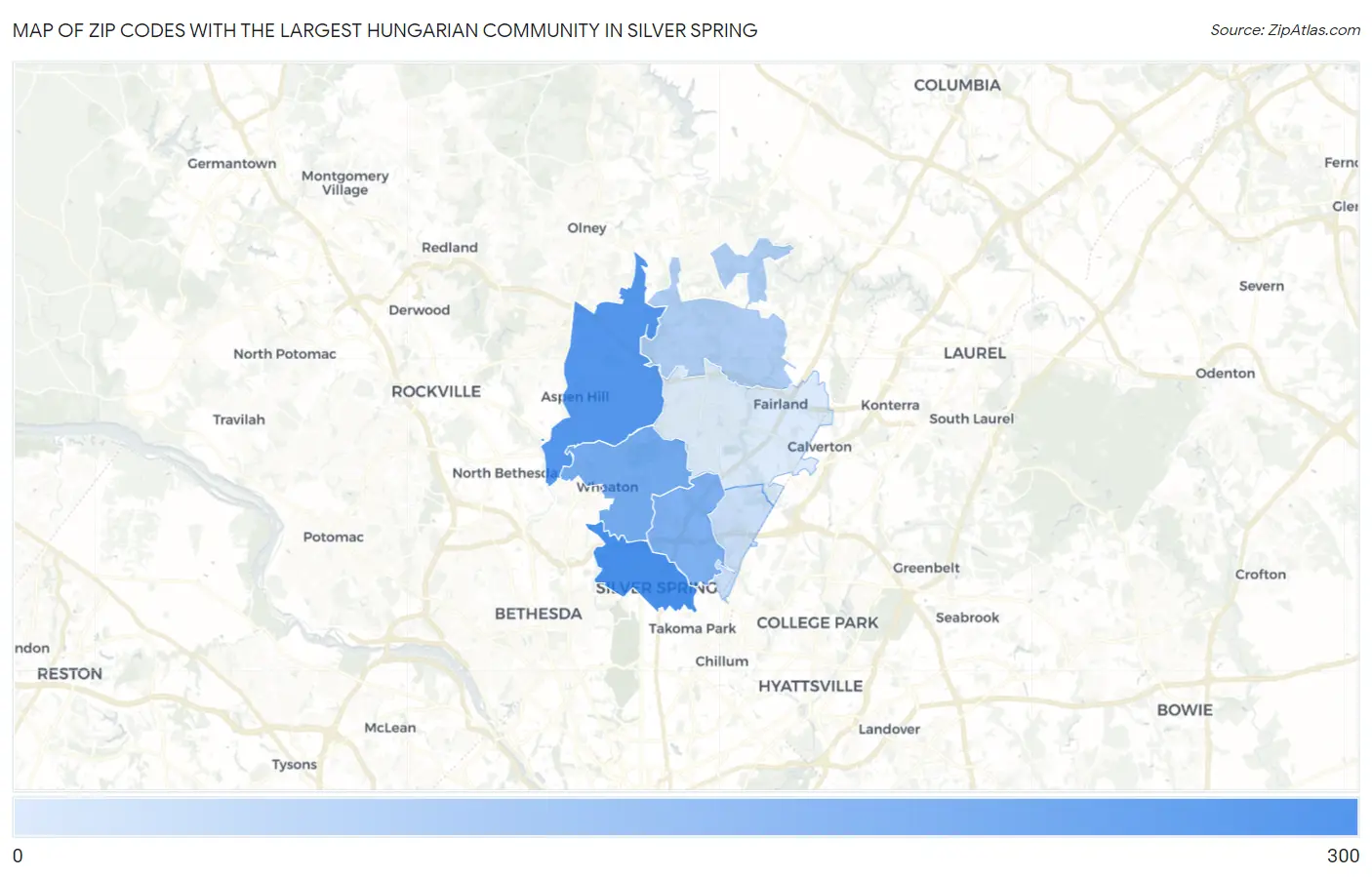 Zip Codes with the Largest Hungarian Community in Silver Spring Map