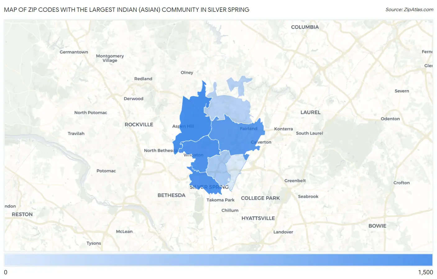 Zip Codes with the Largest Indian (Asian) Community in Silver Spring Map