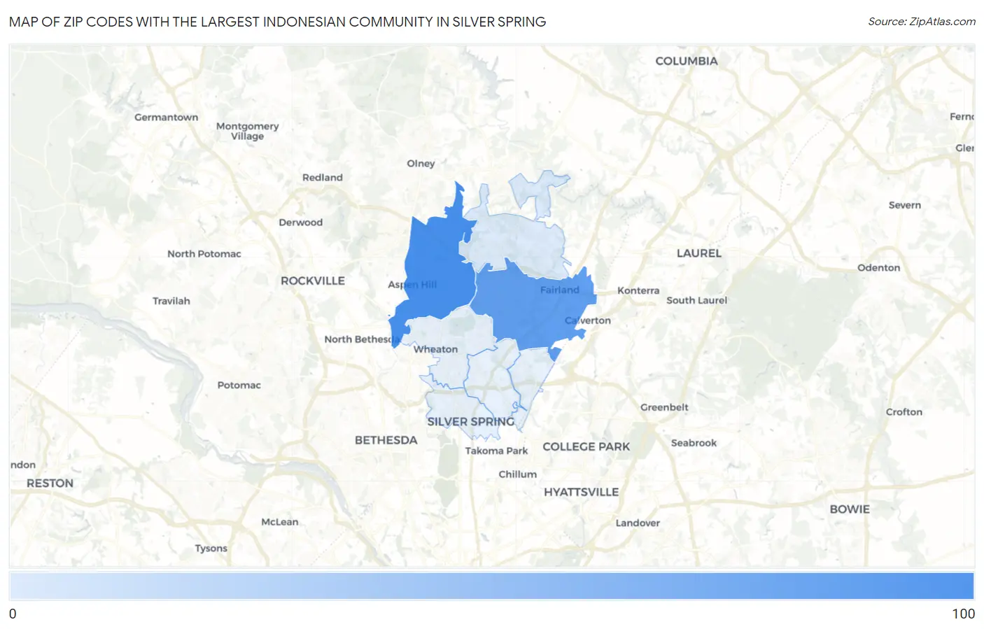 Zip Codes with the Largest Indonesian Community in Silver Spring Map