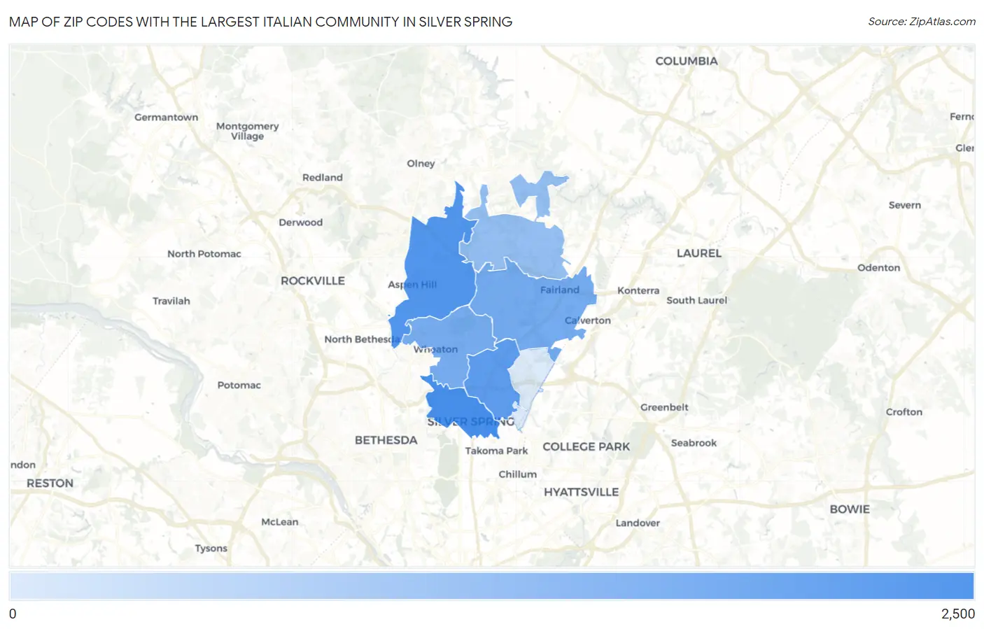 Zip Codes with the Largest Italian Community in Silver Spring Map