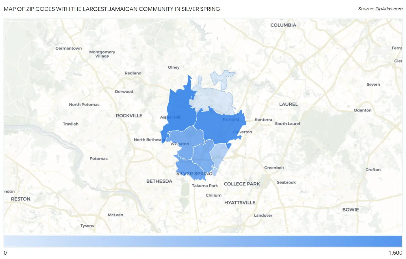 Zip Codes with the Largest Jamaican Community in Silver Spring Map