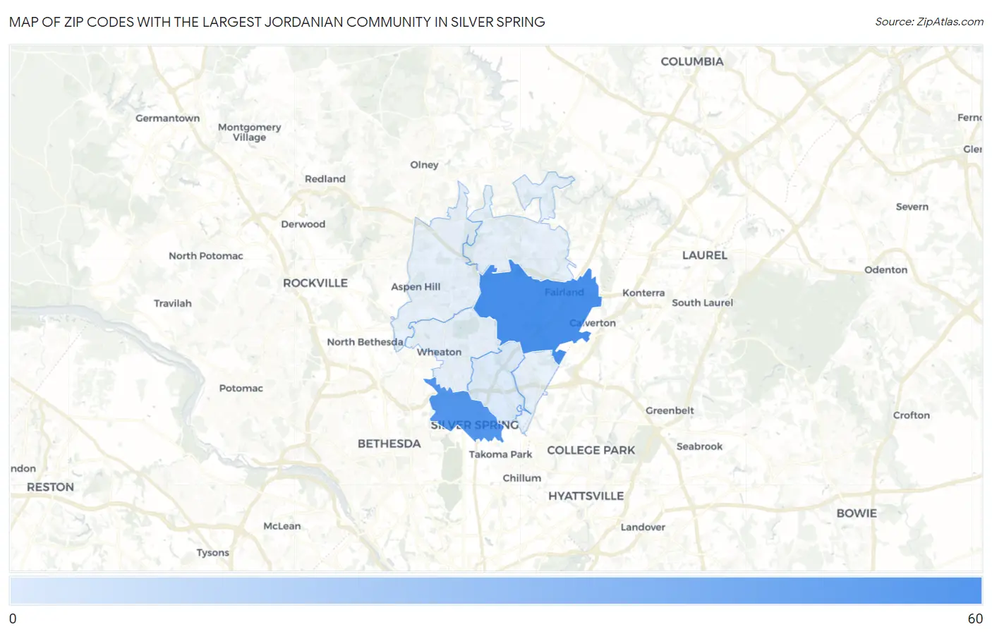 Zip Codes with the Largest Jordanian Community in Silver Spring Map