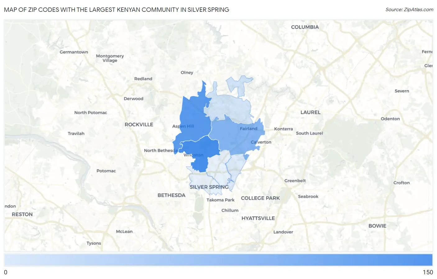 Zip Codes with the Largest Kenyan Community in Silver Spring Map