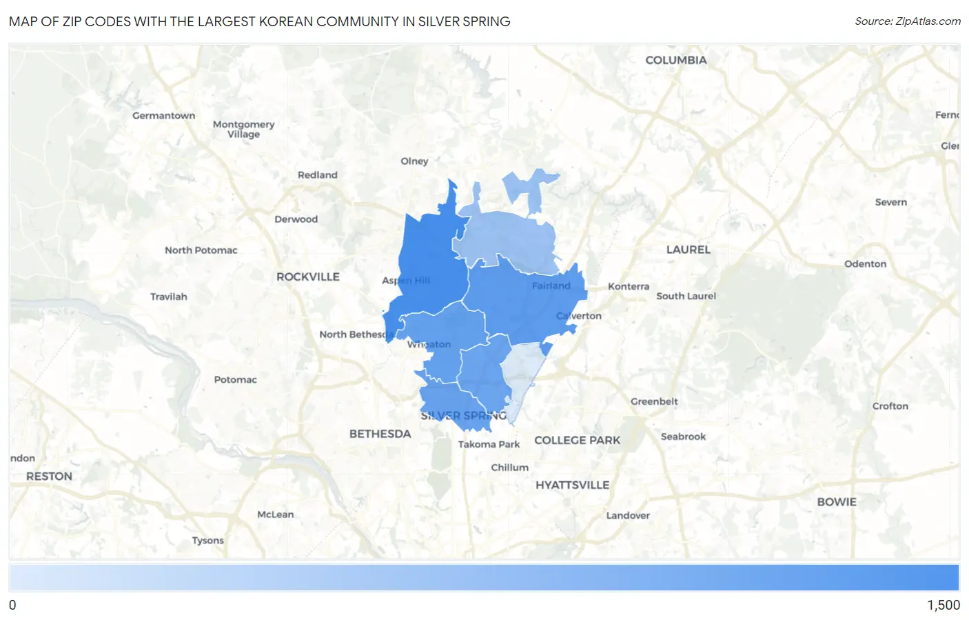 Zip Codes with the Largest Korean Community in Silver Spring Map