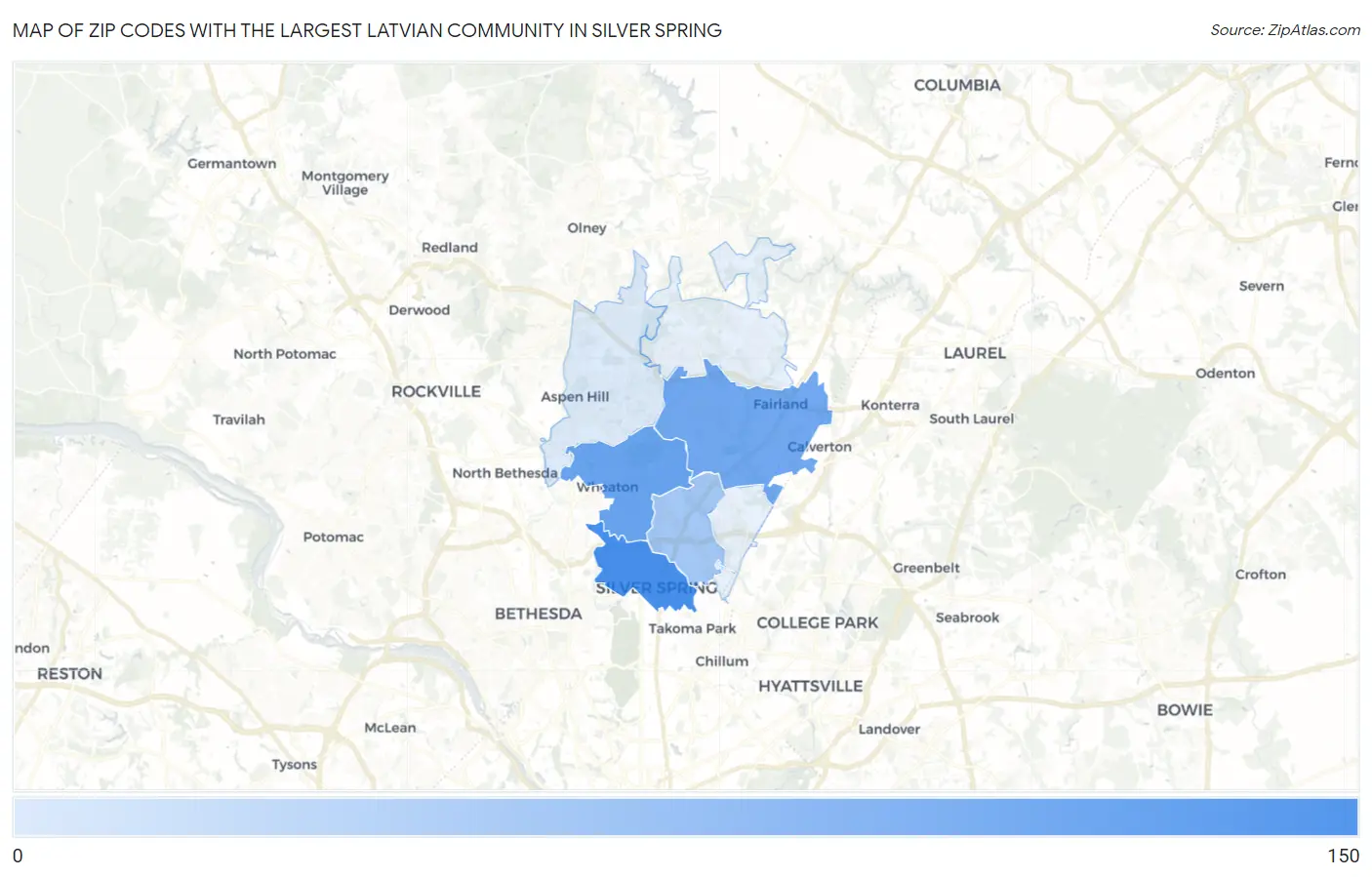 Zip Codes with the Largest Latvian Community in Silver Spring Map