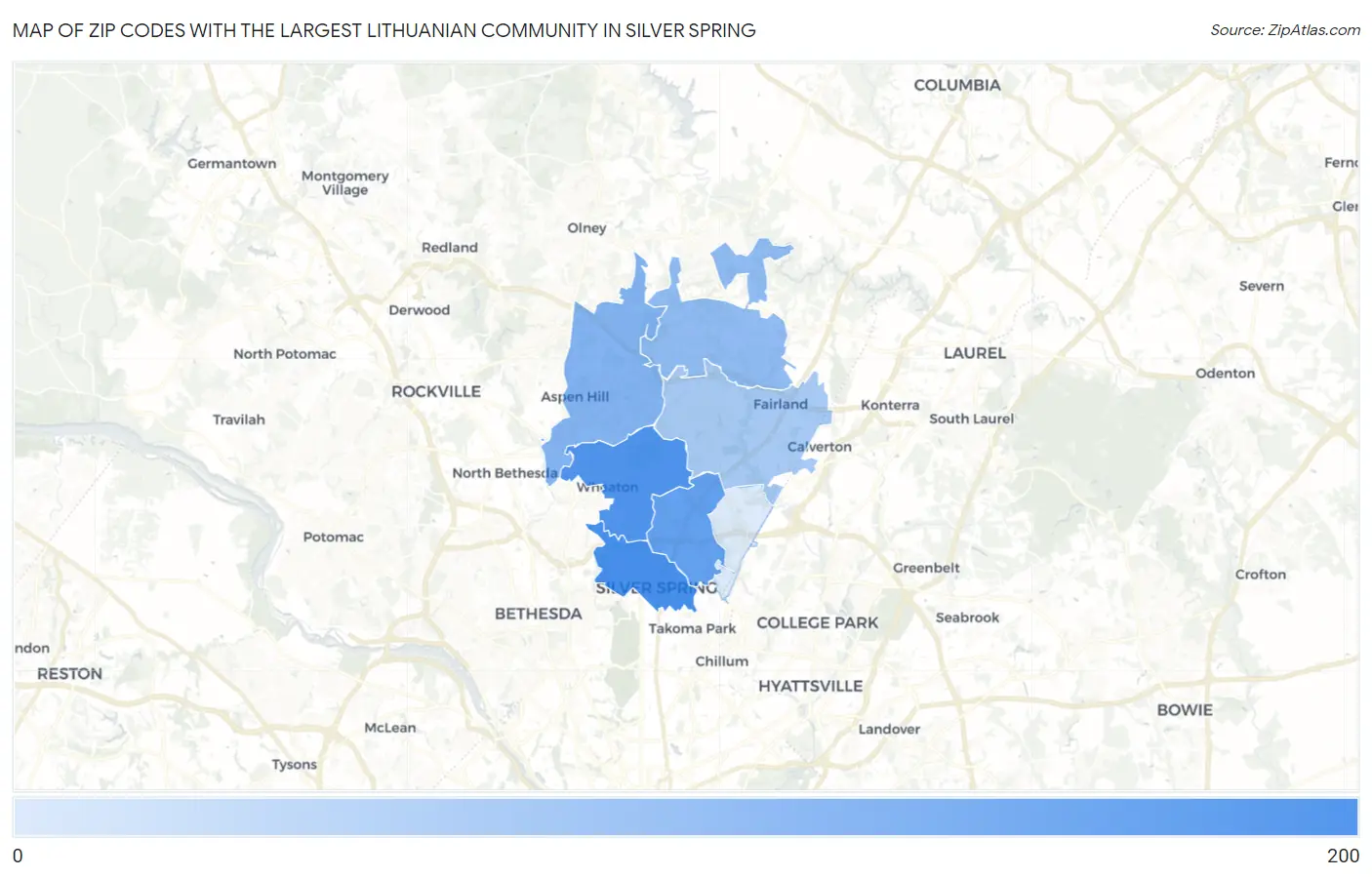 Zip Codes with the Largest Lithuanian Community in Silver Spring Map