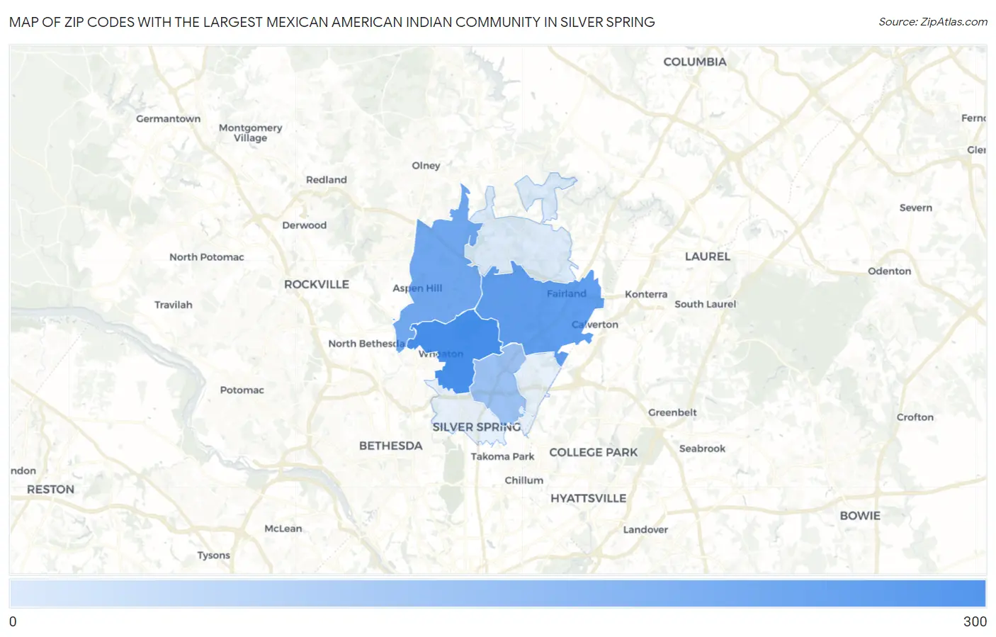 Zip Codes with the Largest Mexican American Indian Community in Silver Spring Map