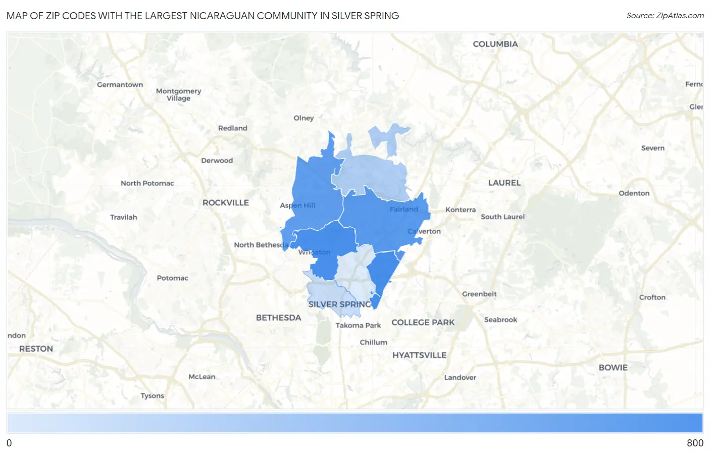 Zip Codes with the Largest Nicaraguan Community in Silver Spring Map