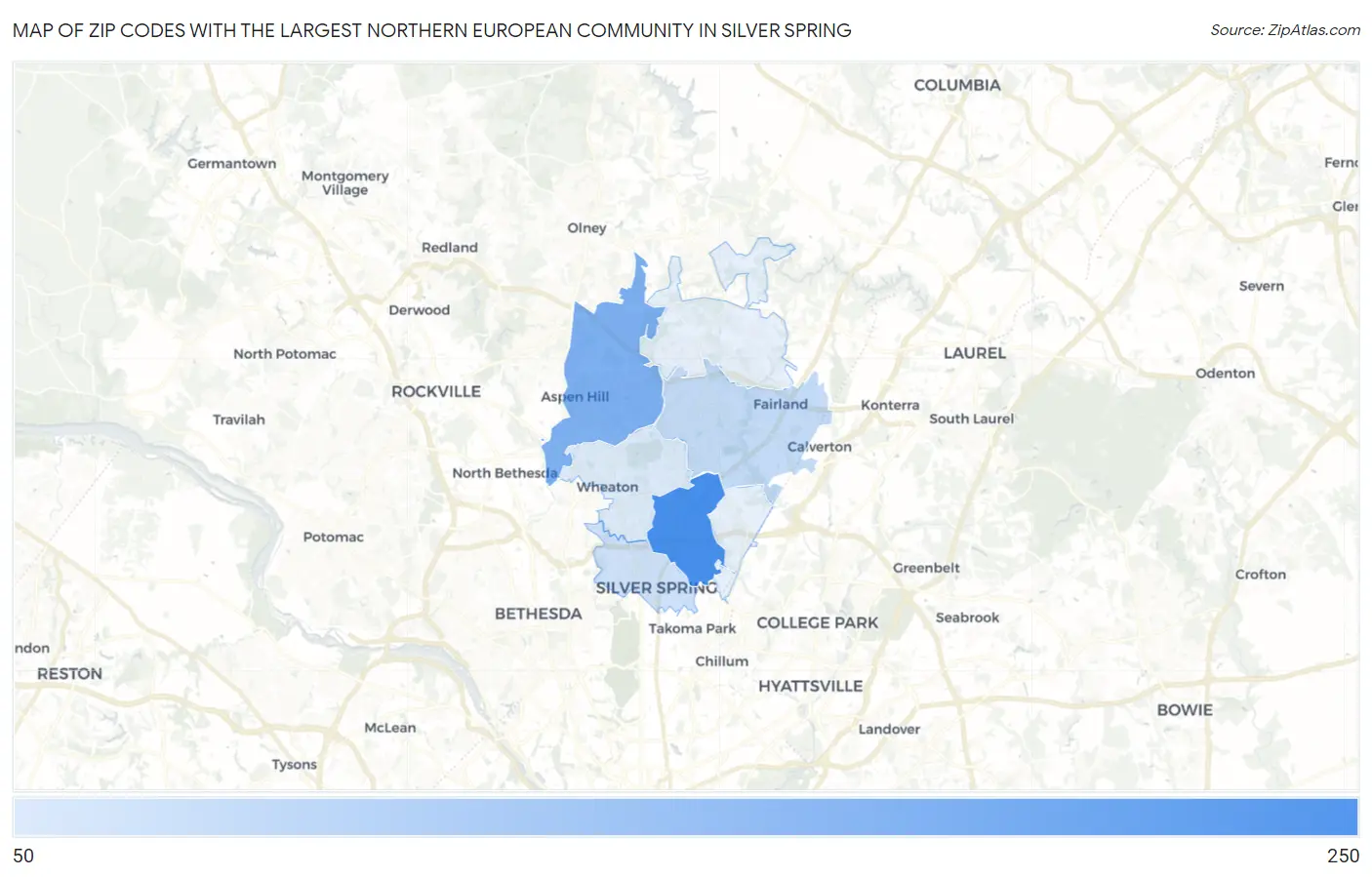 Zip Codes with the Largest Northern European Community in Silver Spring Map