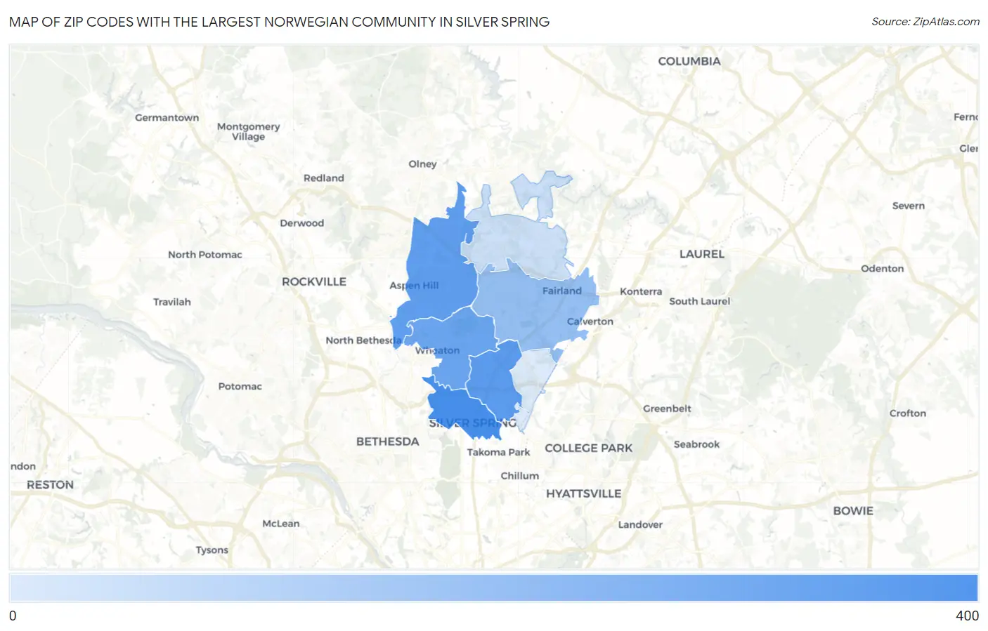 Zip Codes with the Largest Norwegian Community in Silver Spring Map