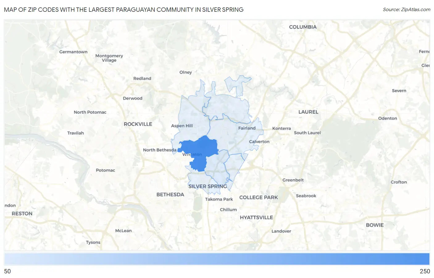 Zip Codes with the Largest Paraguayan Community in Silver Spring Map