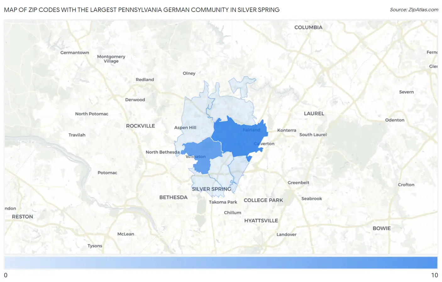 Zip Codes with the Largest Pennsylvania German Community in Silver Spring Map