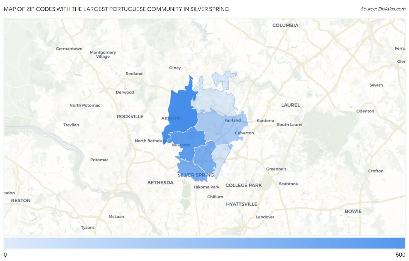 Zip Codes with the Largest Portuguese Community in Silver Spring Map