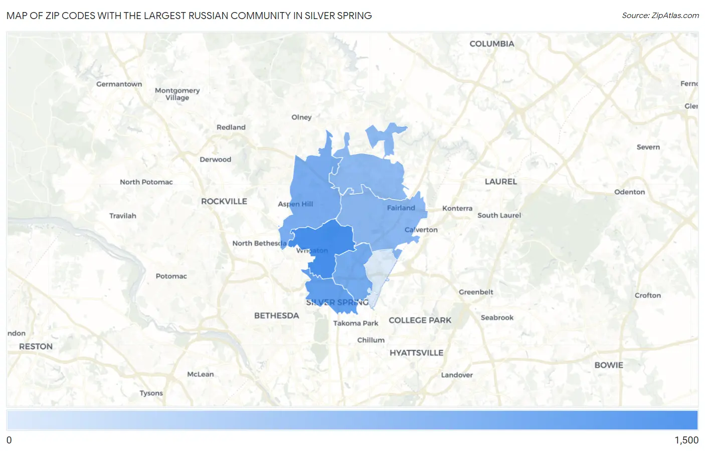 Zip Codes with the Largest Russian Community in Silver Spring Map