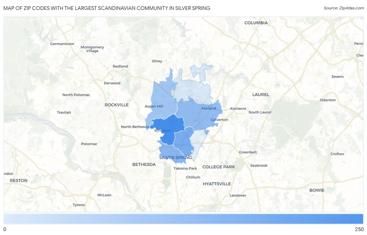 Zip Codes with the Largest Scandinavian Community in Silver Spring Map