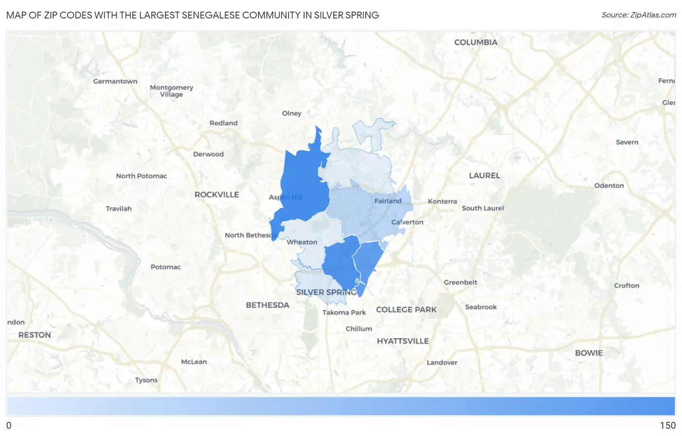 Zip Codes with the Largest Senegalese Community in Silver Spring Map