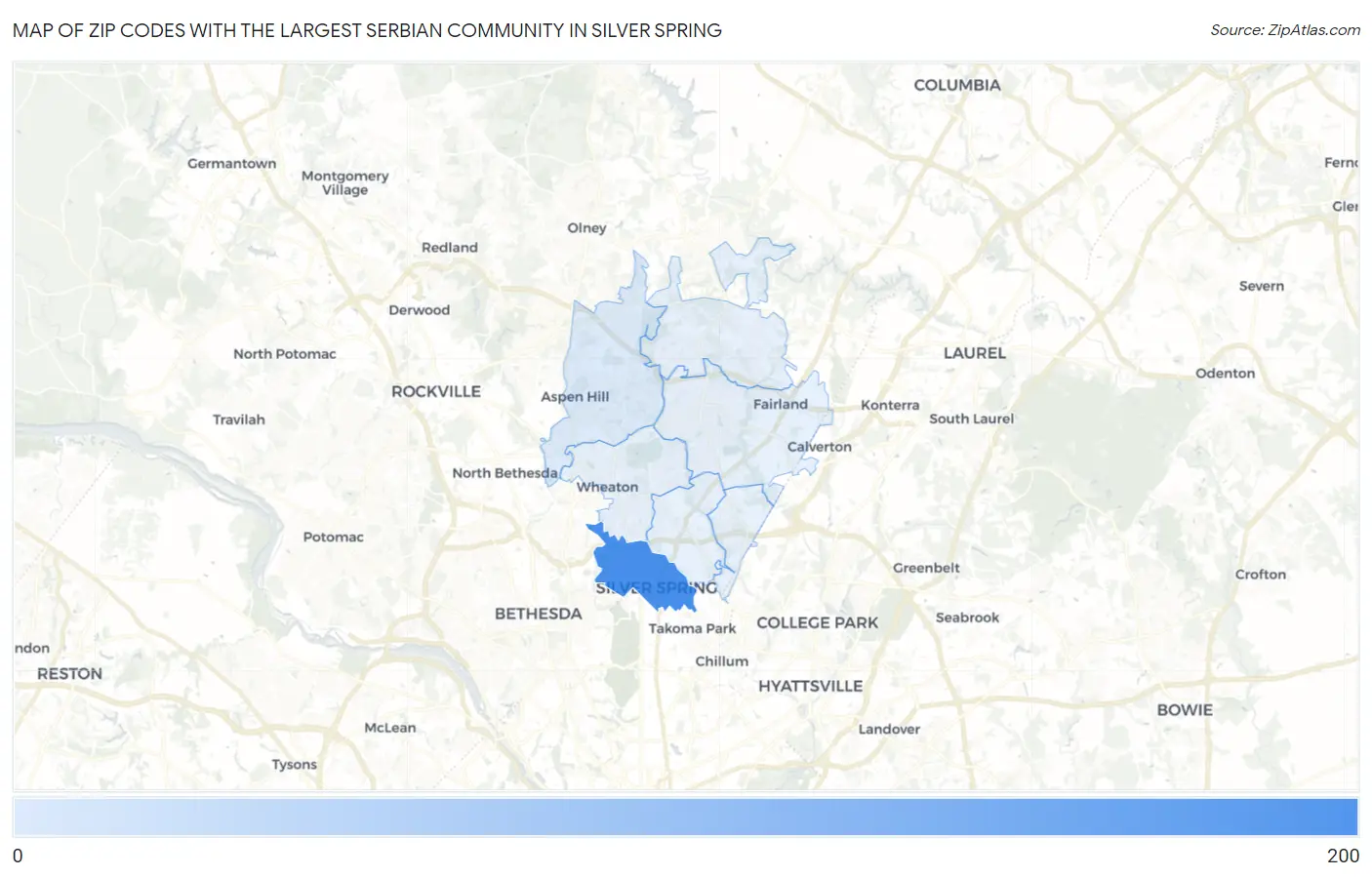 Zip Codes with the Largest Serbian Community in Silver Spring Map