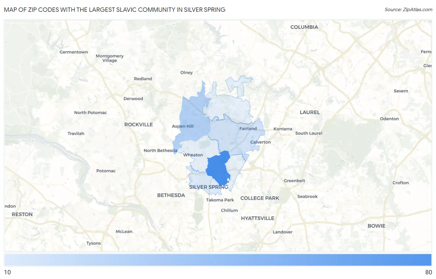Zip Codes with the Largest Slavic Community in Silver Spring Map
