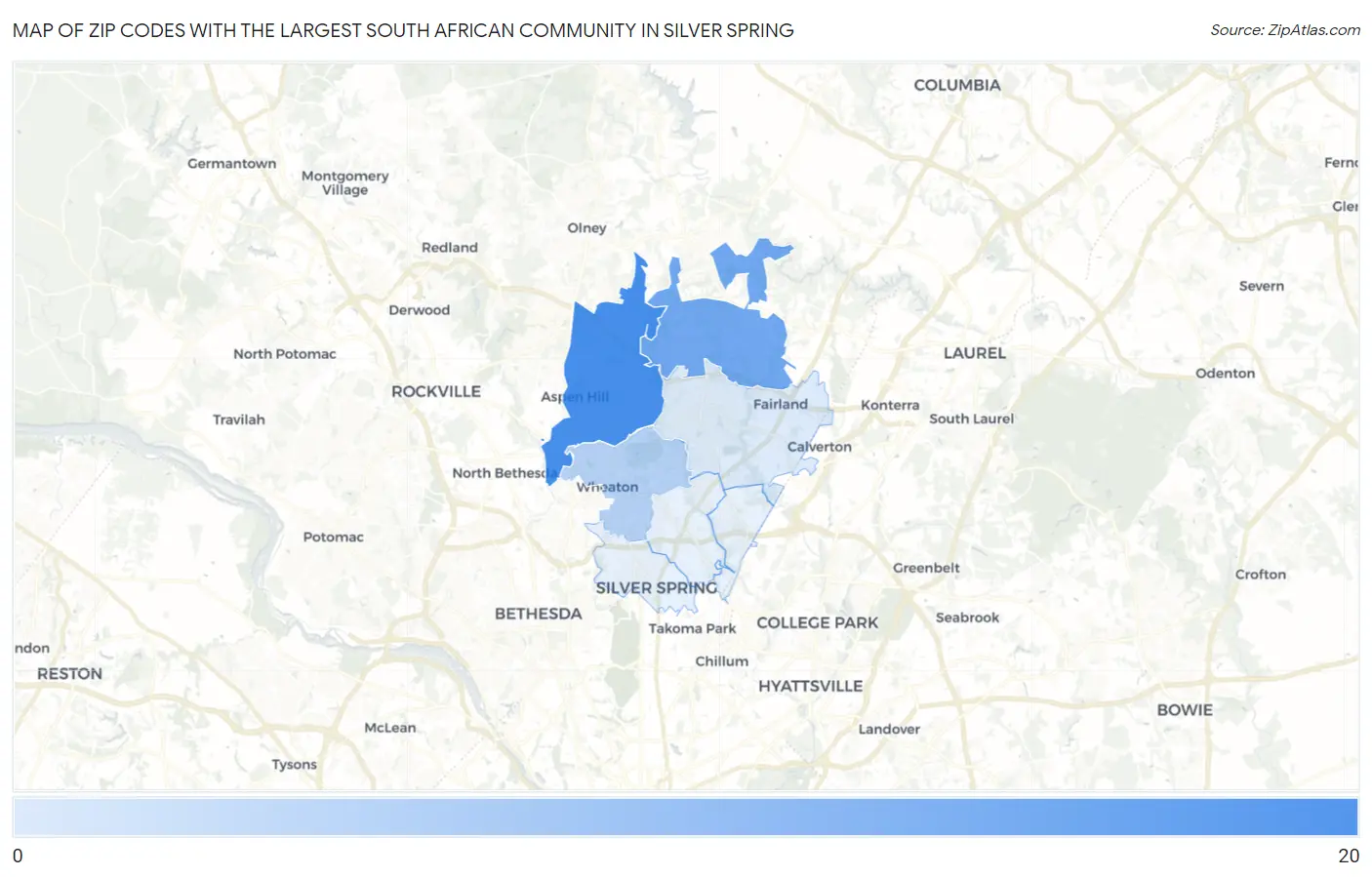 Zip Codes with the Largest South African Community in Silver Spring Map