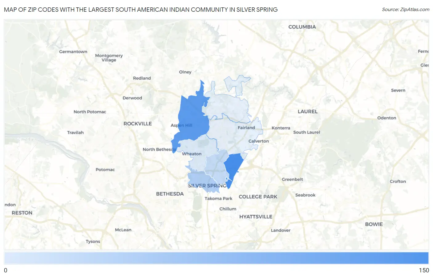 Zip Codes with the Largest South American Indian Community in Silver Spring Map