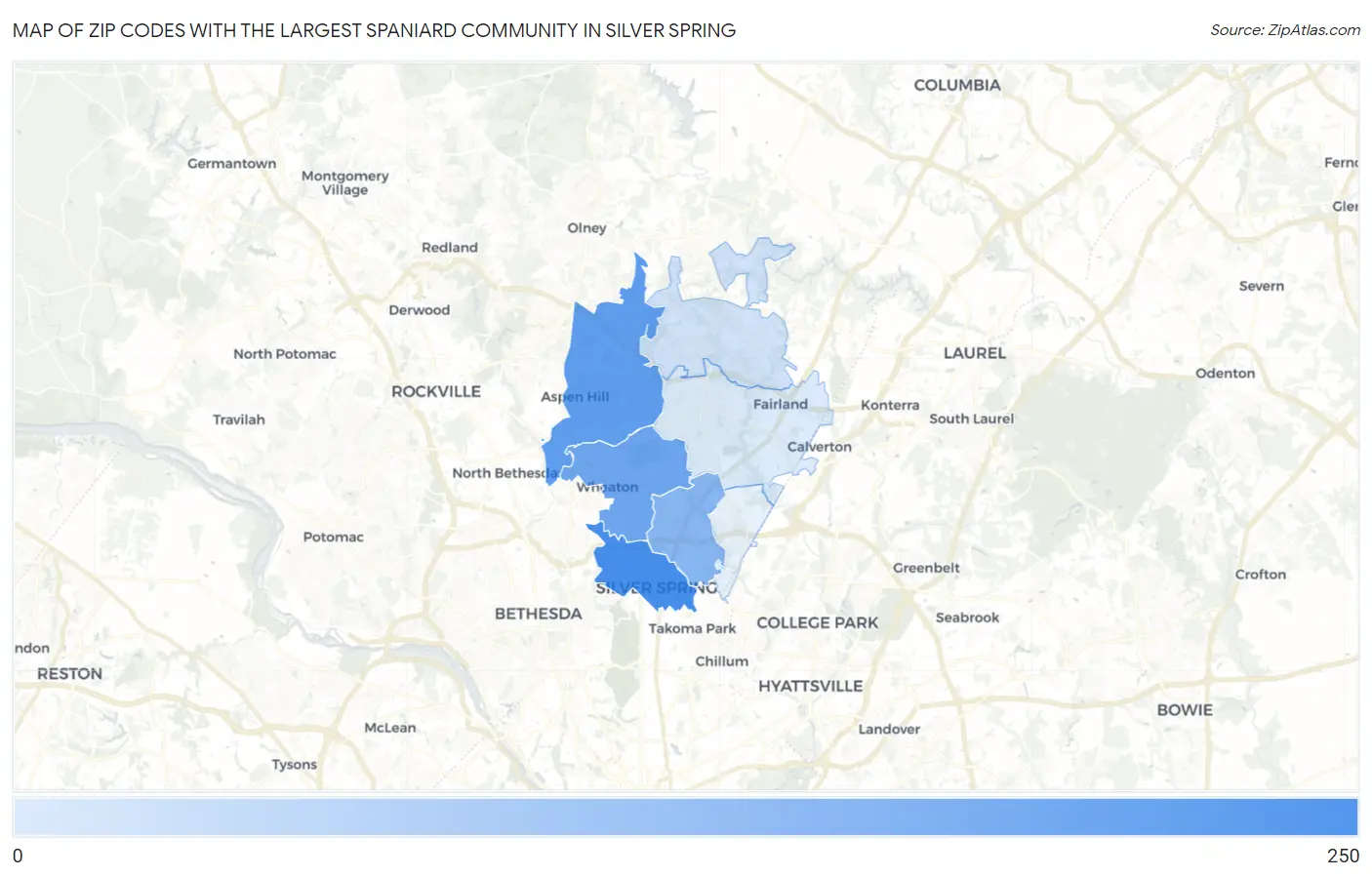Zip Codes with the Largest Spaniard Community in Silver Spring Map