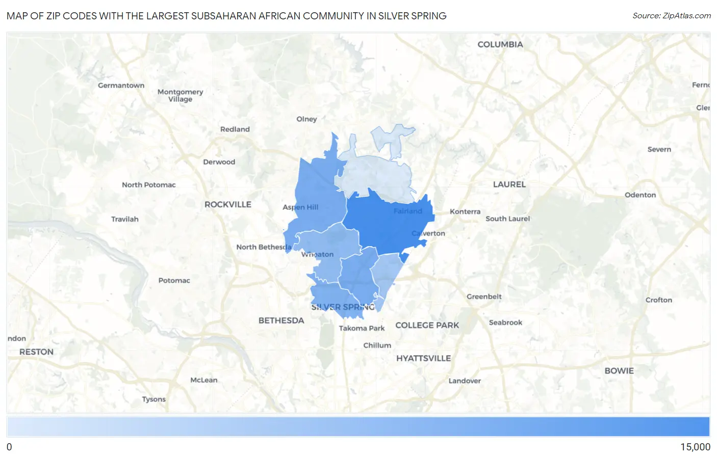 Zip Codes with the Largest Subsaharan African Community in Silver Spring Map