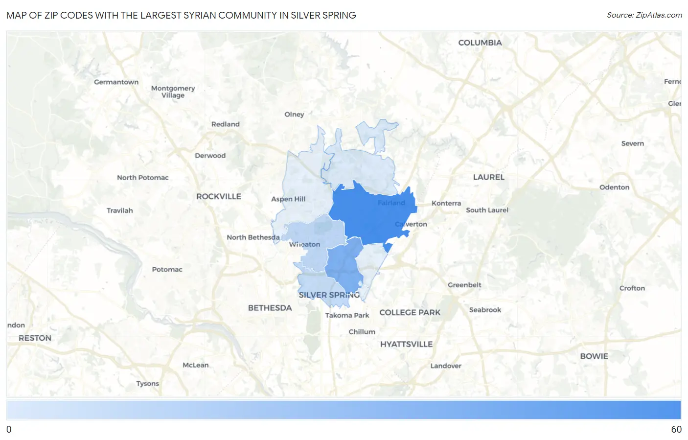 Zip Codes with the Largest Syrian Community in Silver Spring Map