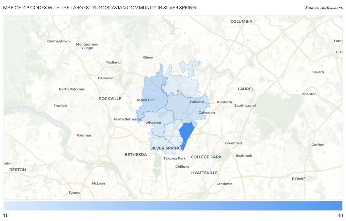Zip Codes with the Largest Yugoslavian Community in Silver Spring Map