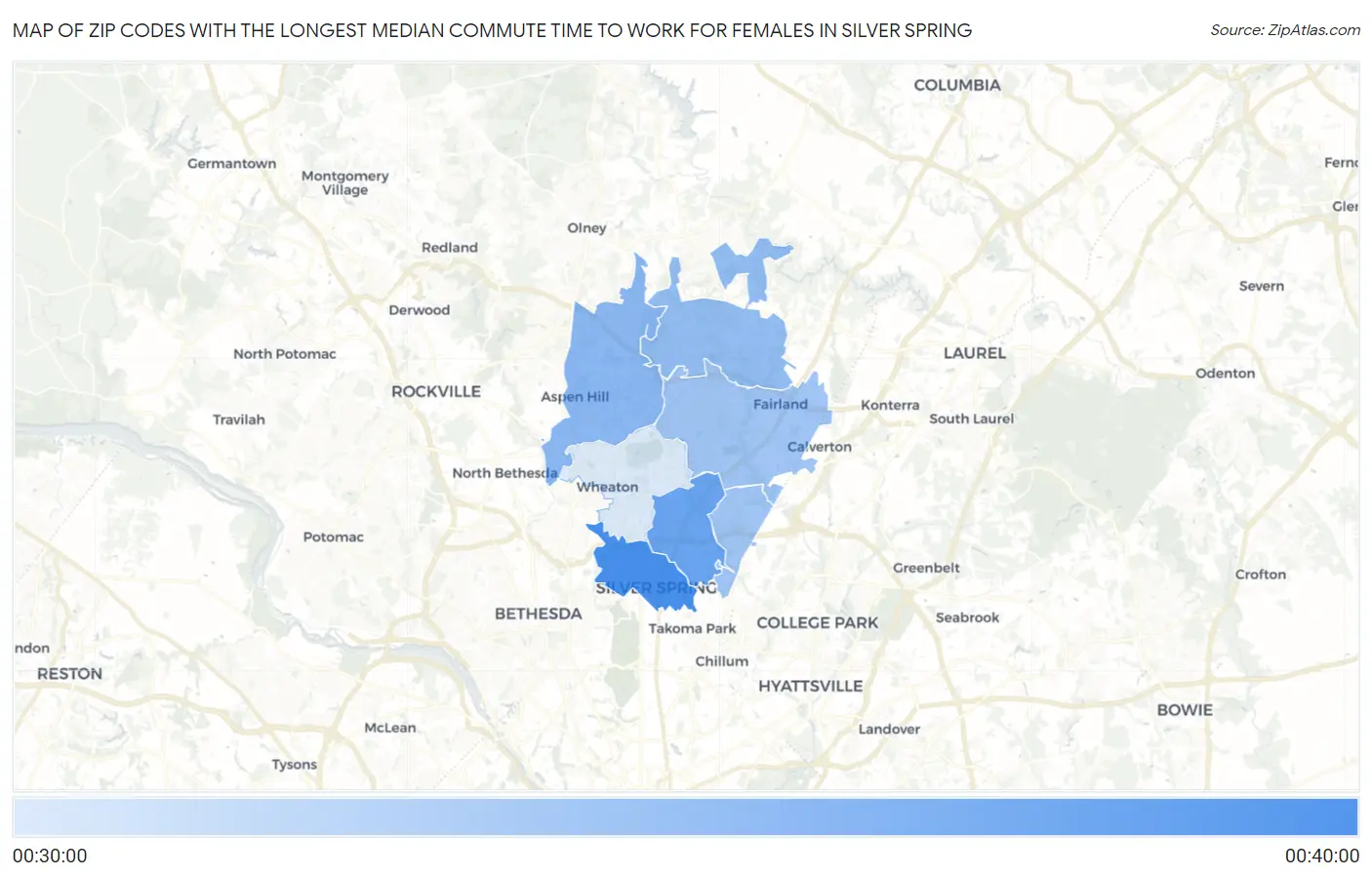 Zip Codes with the Longest Median Commute Time to Work for Females in Silver Spring Map