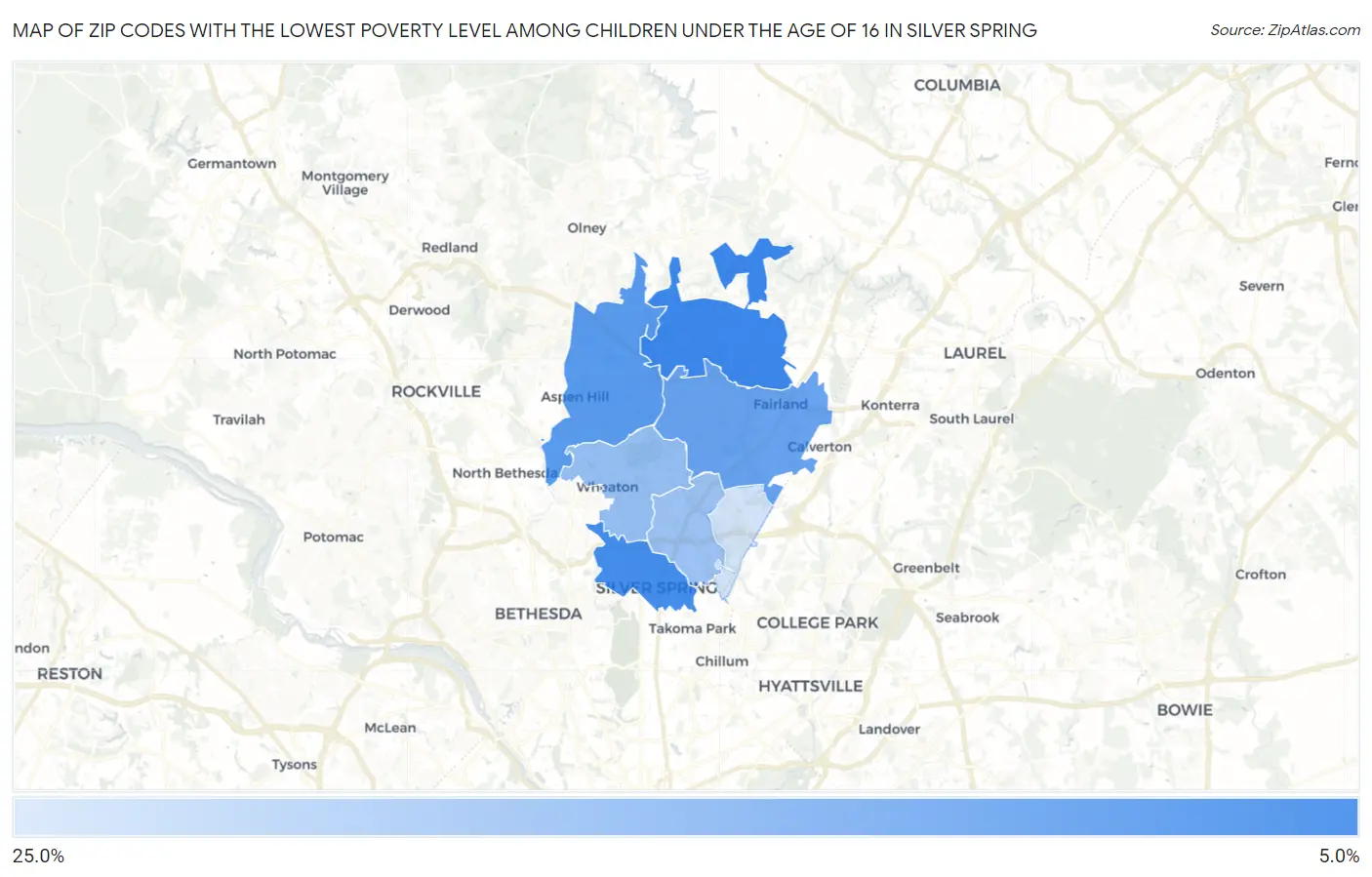 Zip Codes with the Lowest Poverty Level Among Children Under the Age of 16 in Silver Spring Map