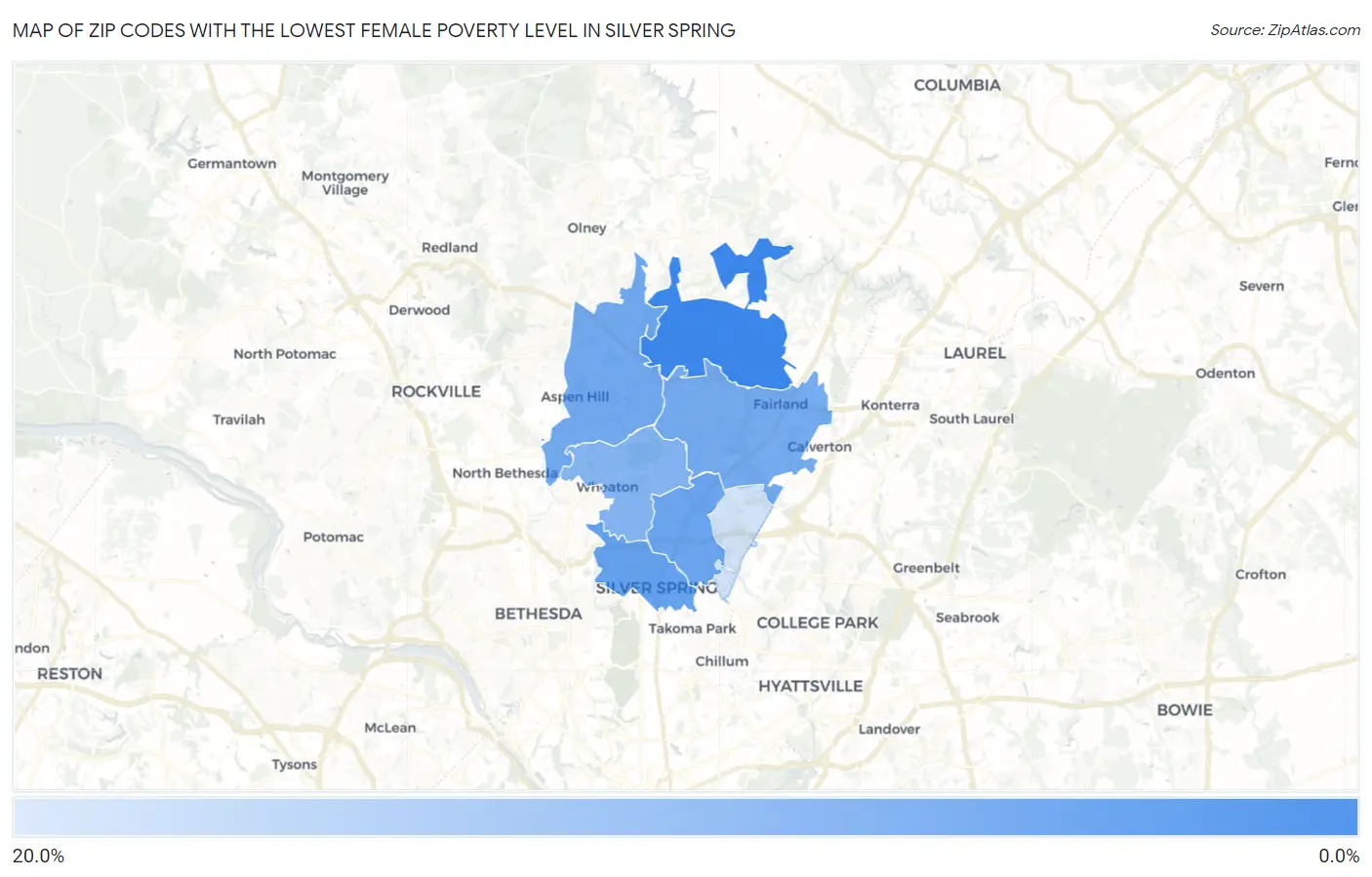 Zip Codes with the Lowest Female Poverty Level in Silver Spring Map