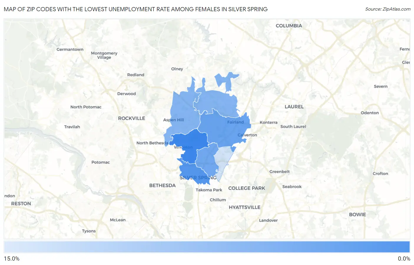 Zip Codes with the Lowest Unemployment Rate Among Females in Silver Spring Map