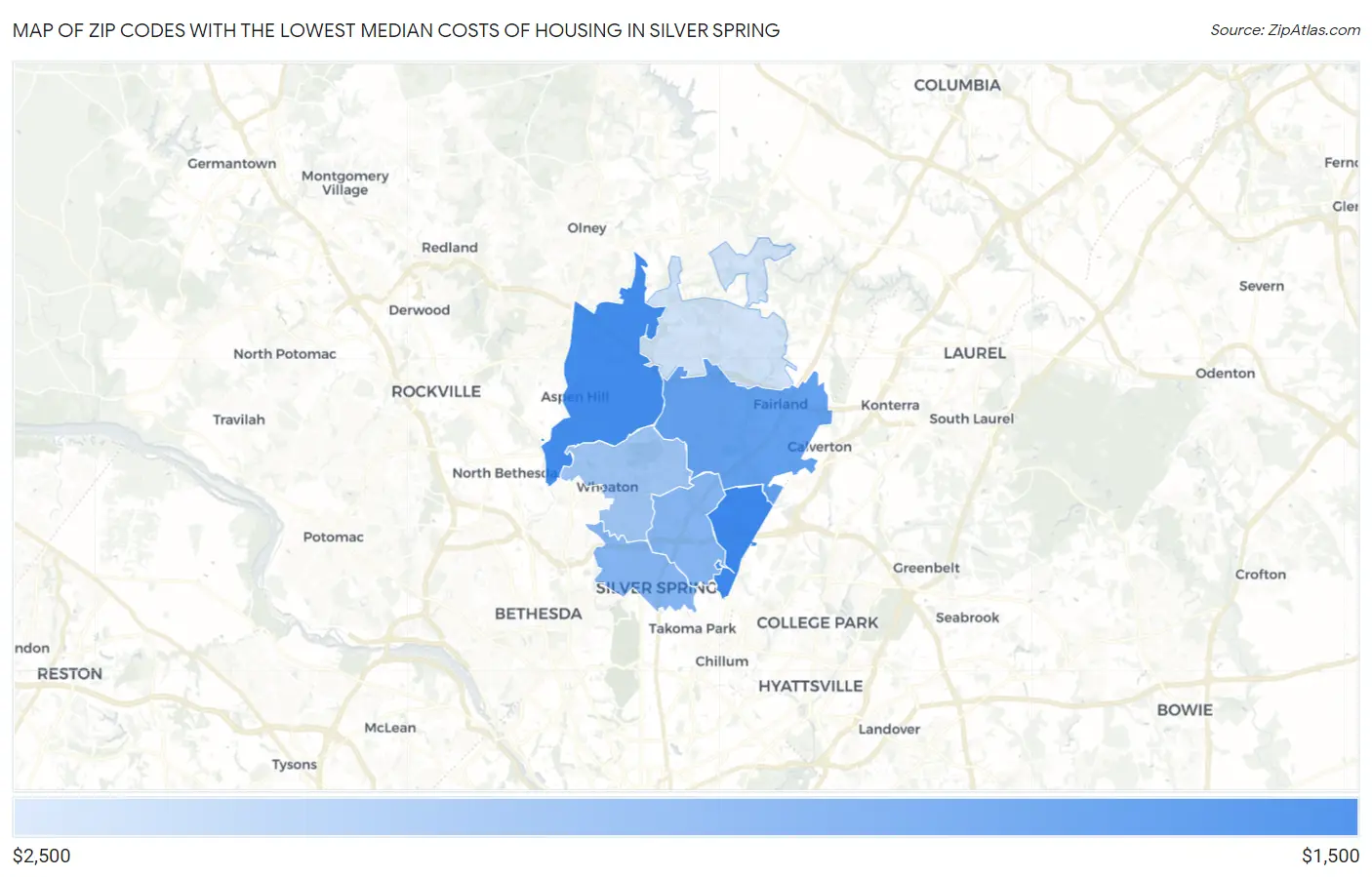Zip Codes with the Lowest Median Costs of Housing in Silver Spring Map