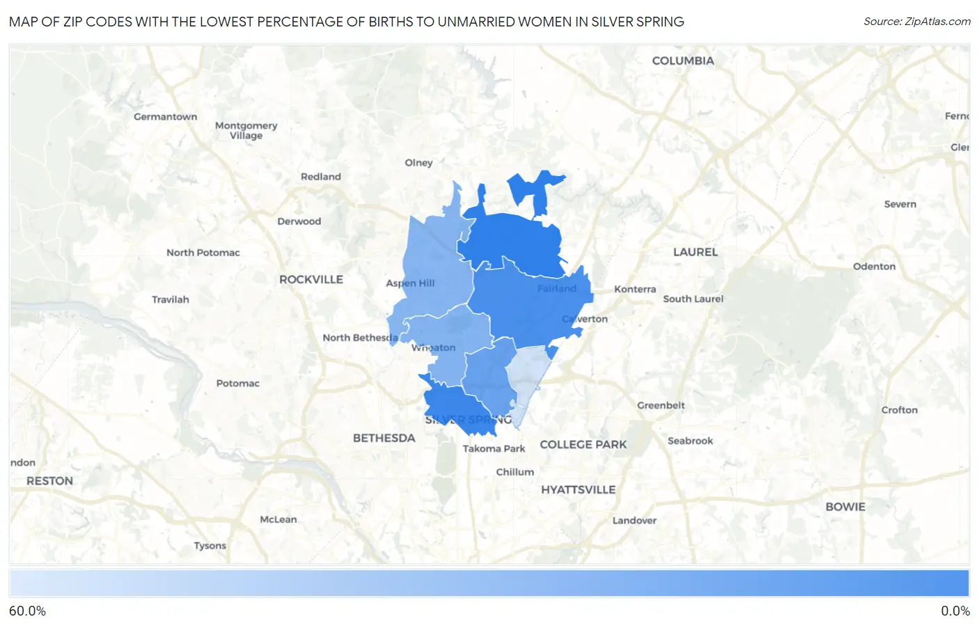 Zip Codes with the Lowest Percentage of Births to Unmarried Women in Silver Spring Map