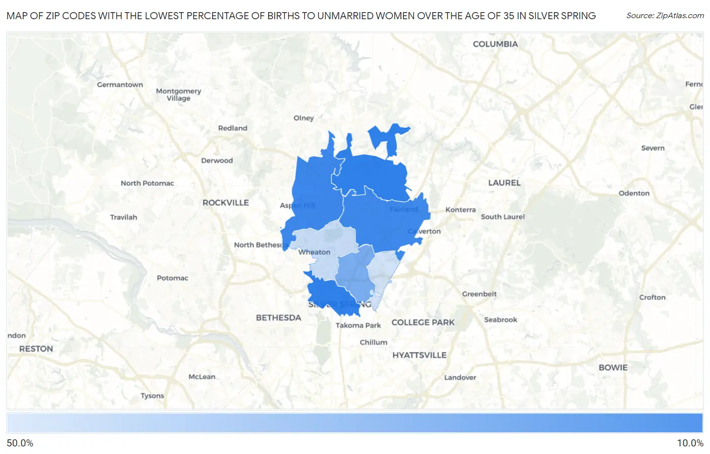 Zip Codes with the Lowest Percentage of Births to Unmarried Women over the Age of 35 in Silver Spring Map