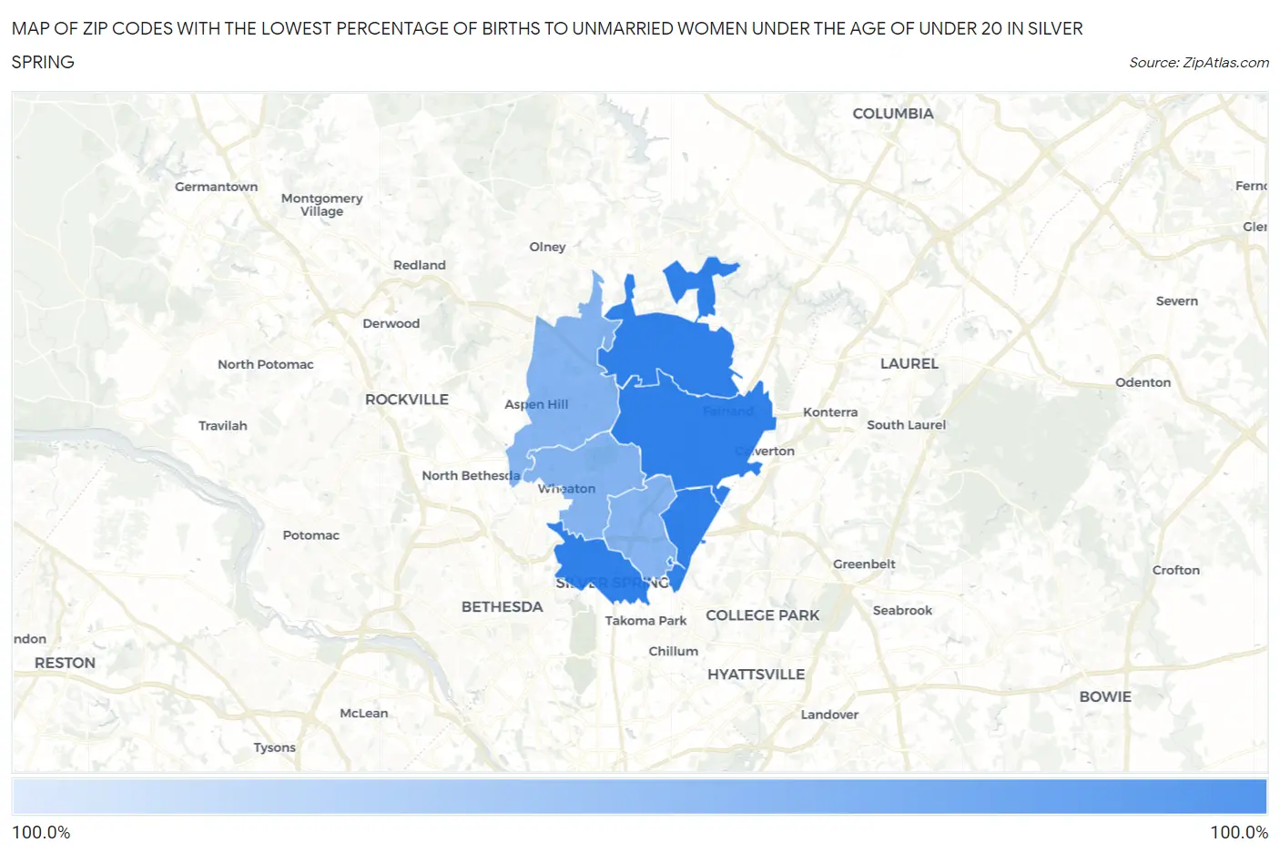 Zip Codes with the Lowest Percentage of Births to Unmarried Women under the Age of under 20 in Silver Spring Map