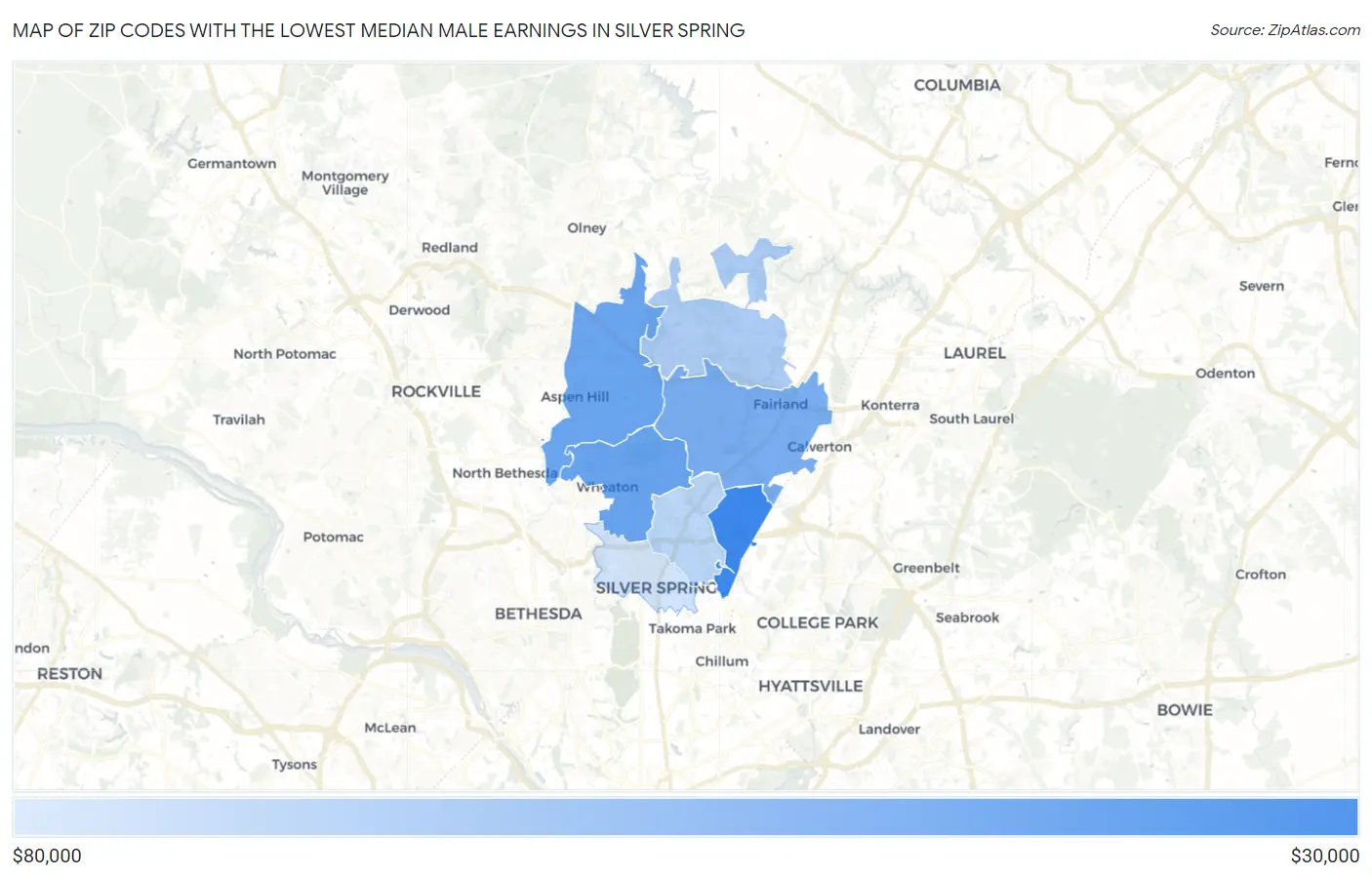 Zip Codes with the Lowest Median Male Earnings in Silver Spring Map
