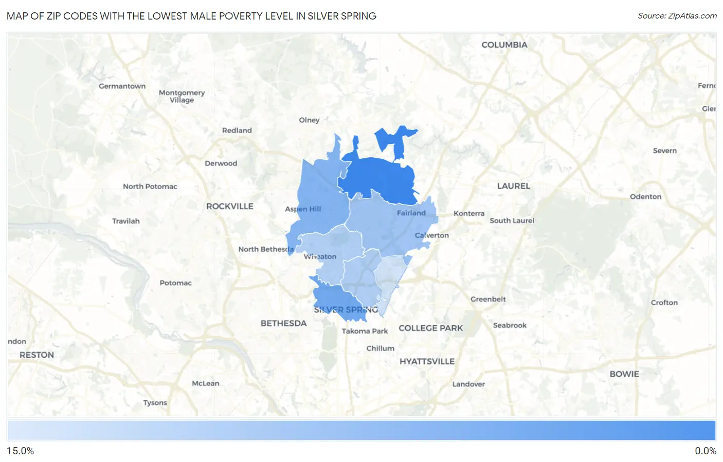 Zip Codes with the Lowest Male Poverty Level in Silver Spring Map