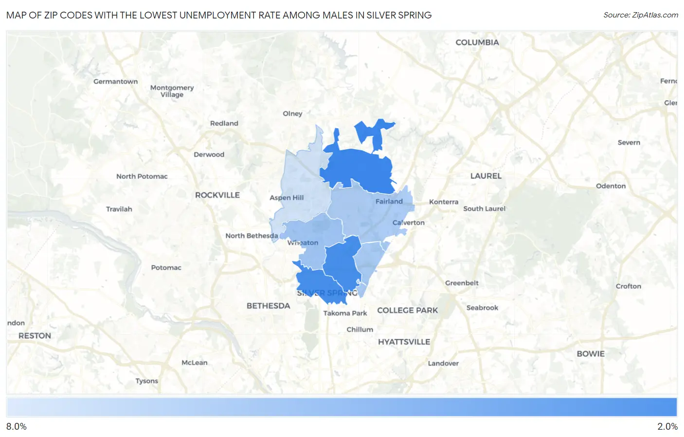 Zip Codes with the Lowest Unemployment Rate Among Males in Silver Spring Map