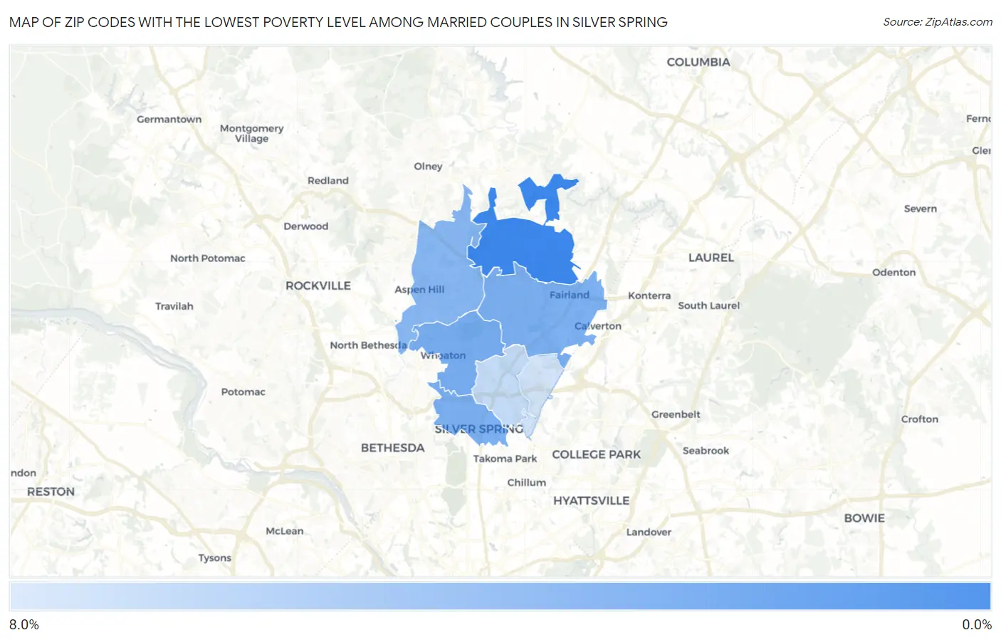 Zip Codes with the Lowest Poverty Level Among Married Couples in Silver Spring Map