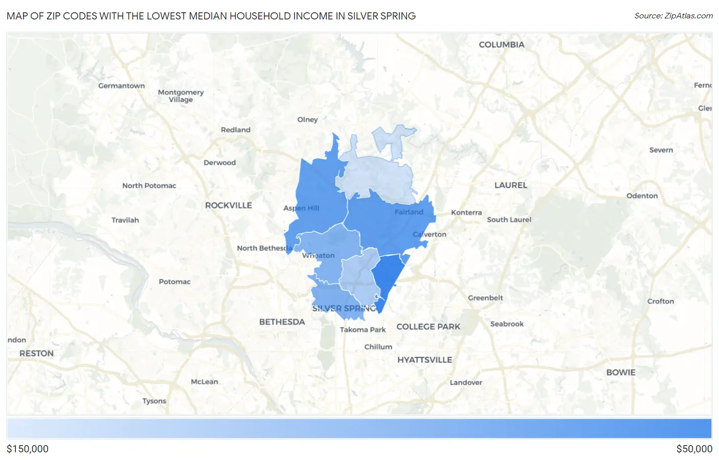 Zip Codes with the Lowest Median Household Income in Silver Spring Map